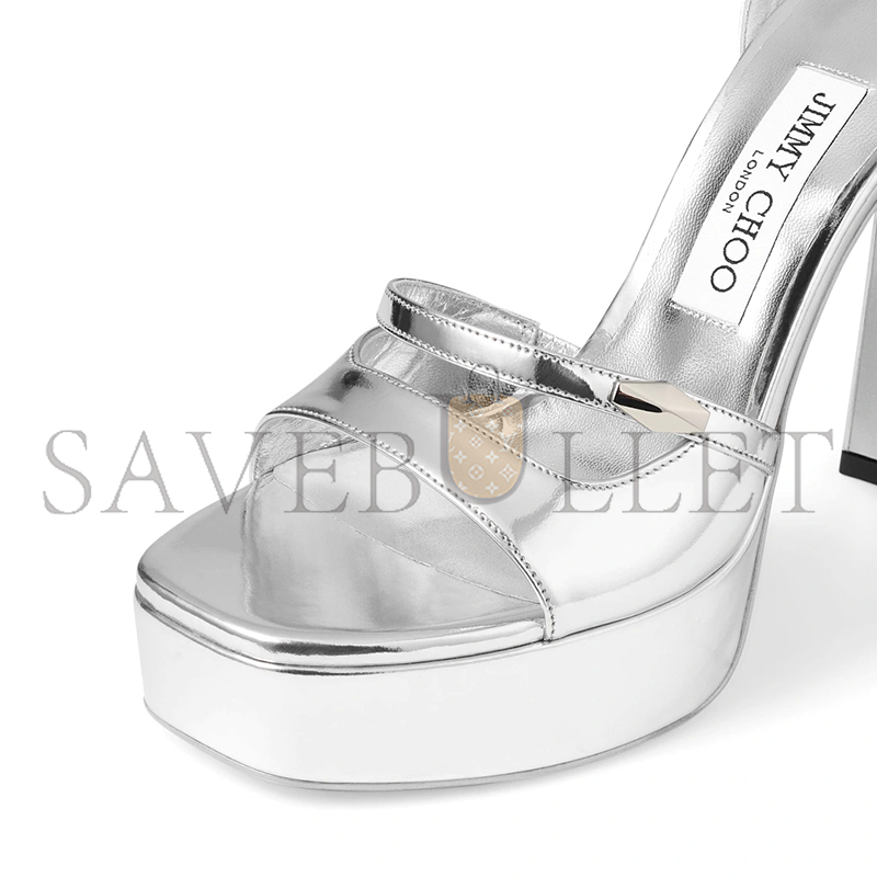 JIMMY CHOO CLARESSA PLATFORM 125 SILVER LIQUID METAL LEATHER PLATFORM SANDALS CLARESSAPF125QUI JIMMY CHOO CLARESSA PLATFORM 125 SILVER LIQUID METAL LEATHER PLATFORM SANDALS CLARESSAPF125QUI